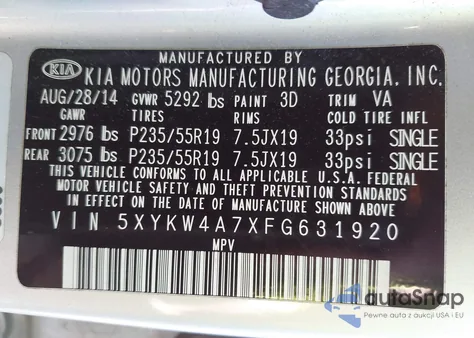 2015 Kia Sorento Sx V6 z USA, uszkodzony, nr VIN 5XYKW4A7XFG631920